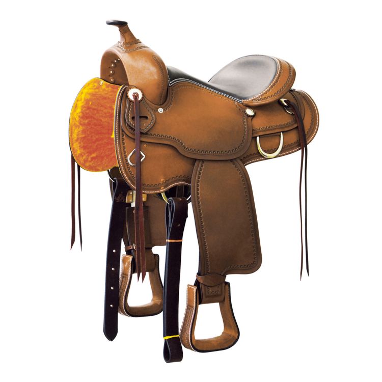 Western leather horse saddle with rawhide detailing – ideal for long trail rides and cowboy-style riding.